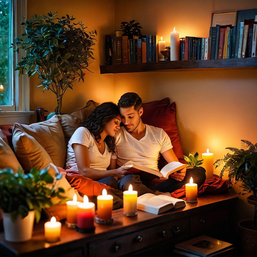 A cozy, intimate setting featuring a couple engaging in open communication, surrounded by soft lighting and romantic decor. Include elements symbolizing sexual wellness, such as books on the subject, candles, and plants that symbolize growth and safety. The atmosphere should feel inviting and safe, emphasizing trust and connection. Use vibrant colors that evoke warmth and tenderness. super-realistic. warm tones. soft focus.