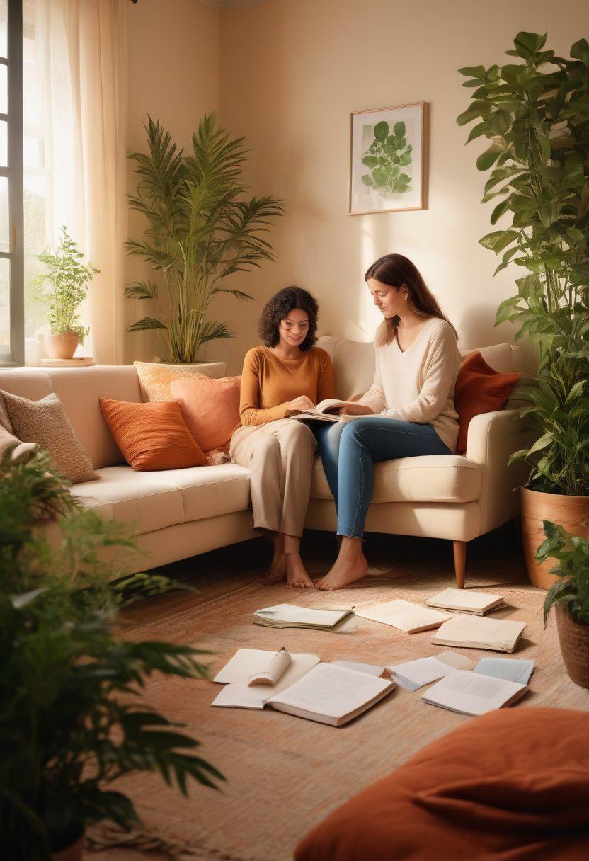A warm and inviting scene depicting a couple sitting closely together, sharing a heartfelt conversation in a cozy, softly lit room filled with plants and comfortable furniture. A journal with notes on healthy intimacy and open communication lies in front of them, symbolizing empowerment. The background features gentle, uplifting colors that evoke a sense of trust and connection. super-realistic. soft lighting. warm colors.