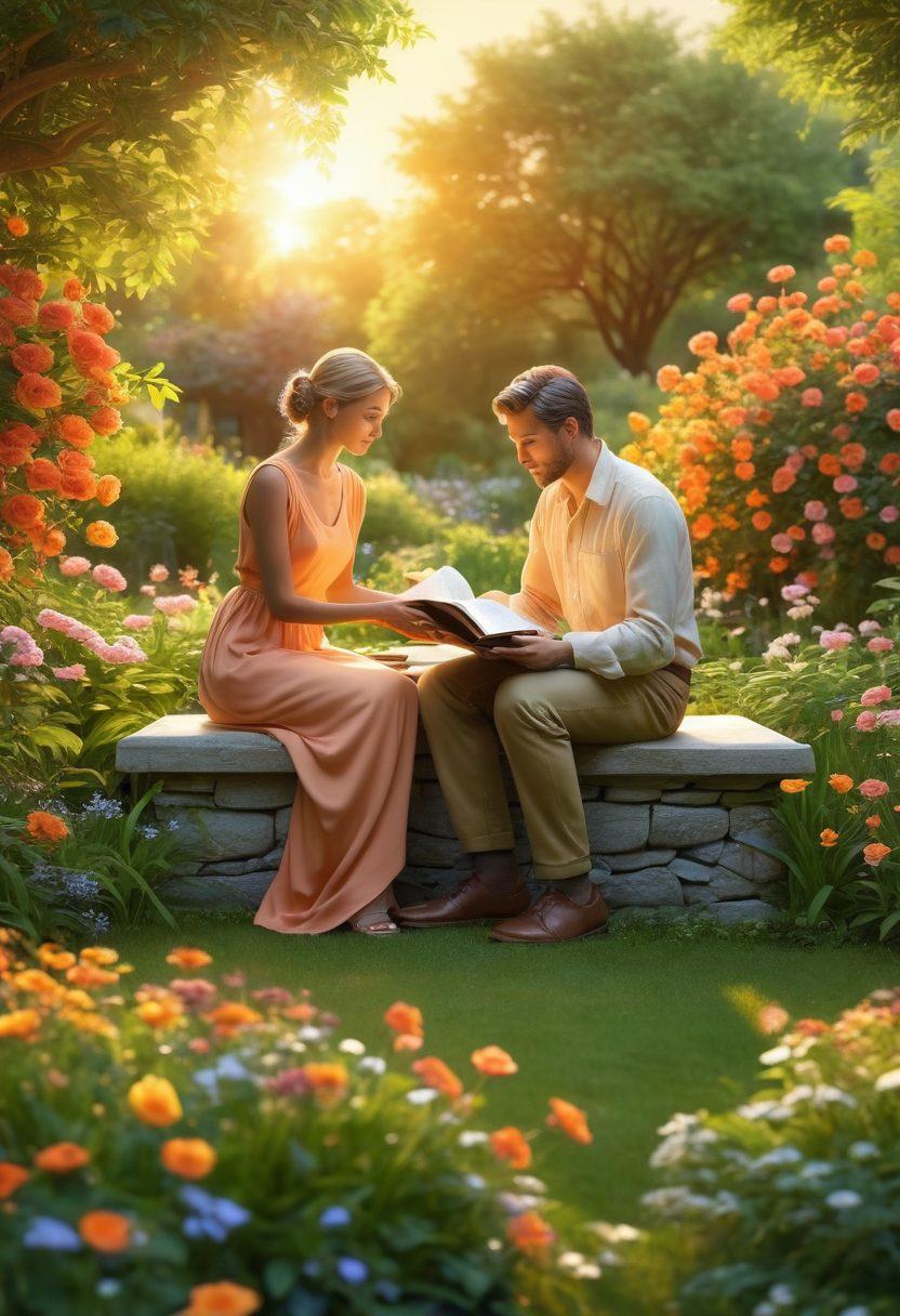 A serene couple communicating gently in a lush garden, surrounded by blooming flowers symbolizing growth and connection. Include a warm sunset casting golden light, creating a tranquil atmosphere. Visual elements like open books or notebooks to signify sharing and learning, with soft, inviting colors. super-realistic. vibrant colors. 3D.